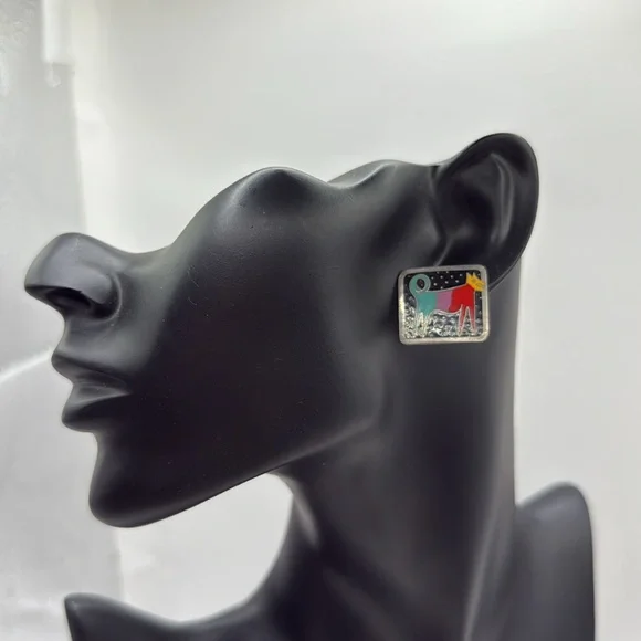 Laurel Burch Night Dog Aztec Square Stud Earrings Jewelry Collectible Cloisonne - Picture 3 of 7